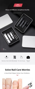Close-up of 430 stainless steel nail clipper set in a portable metal storage case