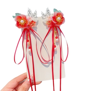 Traditional Hanfu hair clips with red gradient flowers, pearls, and long silk tassels