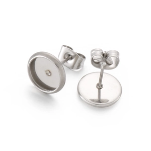 Polished silver stainless steel stud earring bases with round bezel settings and backs