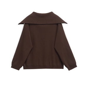 Women's autumn dark brown knit sweater set with contrast stripes and large lapel collar