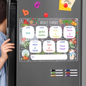 Clear acrylic weekly planner on fridge with 8 colorful markers and Christmas theme