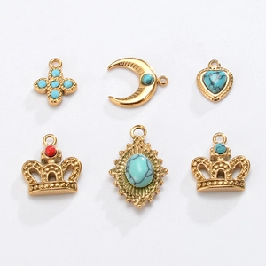 Charms Pendants Stainless Steel Natural Stone Turquoise Heart Crown Moon Vintage French Court Style DIY Jewelry Making
