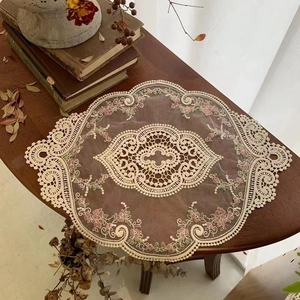 Detail of vintage French lace placemat with floral embroidery on elegant mesh fabric