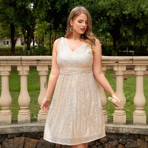 Abito Da Donna Taglie Forti Senza Maniche Con Scollo A V E Paillettes Elegante Oro Champagne Linea A Festa