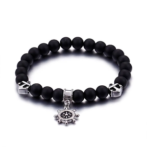 Men Beaded Bracelet With Stainless Steel Anchor Helm Charms Matte Black Agate Stone Nautical Sailor Style Retro