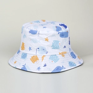 Detailed view of white cotton sun hat with colorful cartoon sea fish and starfish print