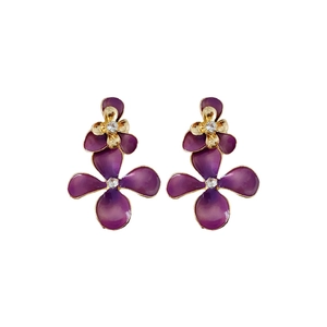 Elegant purple gradient flower stud earrings with gold trim and crystal center on white background