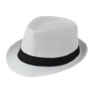 Close-up of a white linen Panama fedora with breathable mesh and black decorative band