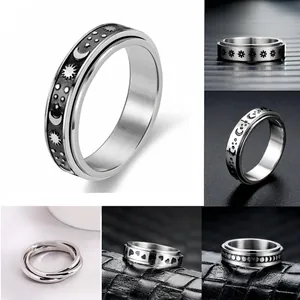 Bague anti-stress rotative en acier inoxydable avec motifs célestes de lune et d'étoiles