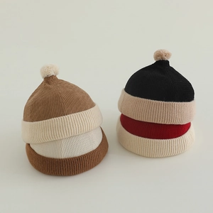 Kids Brimless Beanie Hat Knitted Docker Cap With Pom Pom Warm Winter Adjustable Drawstring Retro Style For Boys Girls