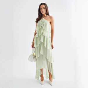 French style mint green halter neck tiered maxi dress with ruffles for beach vacation
