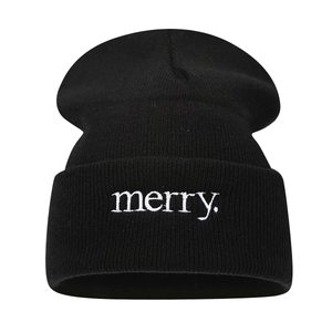 Classic black knitted beanie featuring white merry embroidery with a stylish folded cuff