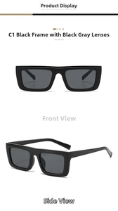 Detail view of bold rectangular black frame sunglasses with dark grey lenses in C1 style