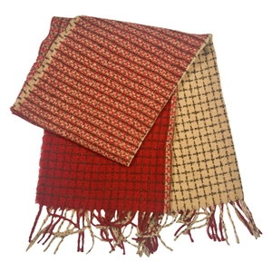 Fashion color-block checkered scarf in red and beige with elegant tassels on white background