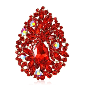 Exquisite red crystal teardrop brooch with alloy rhinestones for women's apparel