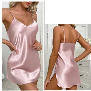 Women Satin Nightdress Spaghetti Strap V Neck Sleepwear Satin Feel Side Slit Solid Color Home Wear Nightgown