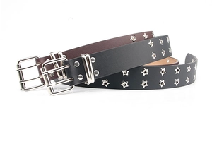 Dual pack of black and brown PU leather belts with star eyelets and silver double buckles