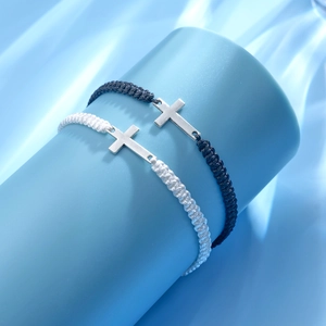 Minimalist handmade braided cross bracelets in black and white set for friendship and couples