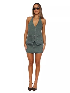 Women's vintage grey denim set with halter V-neck vest and matching mini skirt outfit