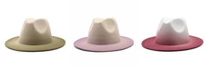 Three gradient colored fedora hats featuring olive green, purple, and rose red wool felt