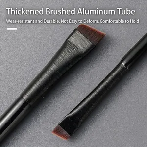 Flat angled eyeliner and eyebrow makeup brush with thickened brushed aluminum tube