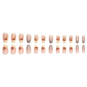 French medium square press-on nails with pink cherry patterns and silver glitter gradient
