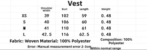 Size chart for faux fur vest jacket with shoulder, bust, and length measurements