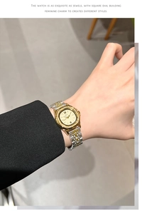 Detailed close-up of a luxury two-tone square watch with a sparkling diamond bezel on wrist