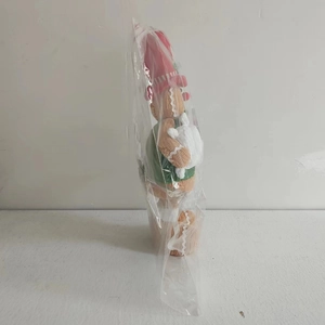 Gingerbread man plush toy in red hat and green coat in transparent protective packaging