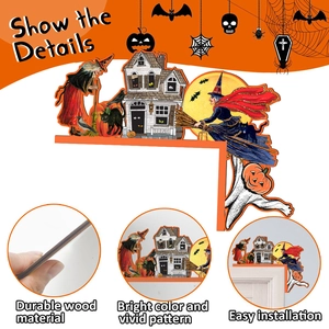 Macro detail of Halloween wooden door corner decor showing durable material and vibrant print