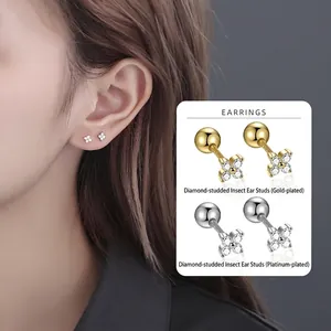 Clover Flower Stud Earrings 925 Sterling Silver Zircon Inlaid Screw Back Round Ball For Women Elegant Minimalist Jewelry