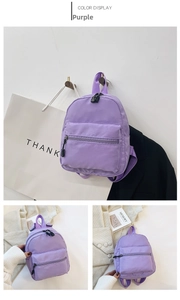 Detailed views of a purple nylon mini backpack with waterproof texture and front pocket