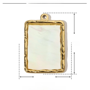 Macro view of rectangular gold stainless steel pendant with white shell inlay and 23mm height