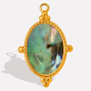Detailed macro view of an oval abalone shell pendant set in a golden stainless steel frame
