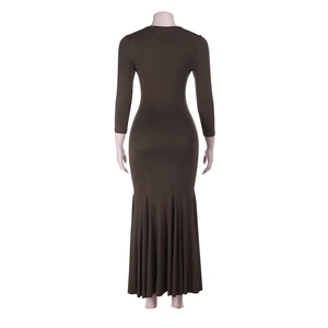 Rear view of a slim fit dark olive green long sleeve maxi fishtail dress on a mannequin