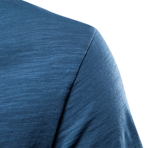 Men's V-neck slub cotton T-shirt in navy blue showing shoulder and sleeve texture