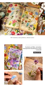 Macro shot of PET floral stickers with vintage butterfly motifs for scrapbooking