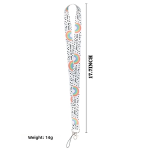 Close-up of rainbow pattern lanyard with 'hold on to hope' text and metal swivel hook