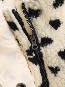 Macro detail of sherpa fleece jacket with heart print, metal zipper and soft lining