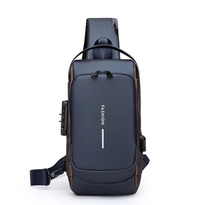 Waterproof navy blue anti-theft sling bag for men with combination lock and USB port