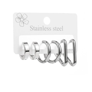 Three pairs of polished stainless steel geometric hoop earrings in silver finish