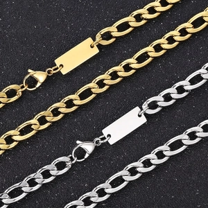 Stainless Steel Figaro Chain Necklace Bracelet With Rectangular Blank Tag Hip Hop Style Jewelry For Men