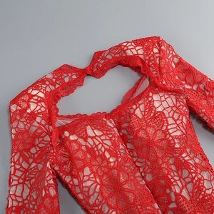 Vue détaillée de la broderie en dentelle rouge et de la maille ajourée sur l'encolure