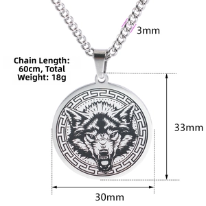 Detailed dimensions of round wolf head pendant necklace with 60cm stainless steel chain