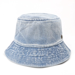 Vintage light blue washed denim bucket hat with bronze metal logo and stitched brim