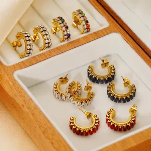 Chic 18K gold plated C-shaped earrings set with colorful cubic zirconia in a gift box