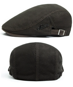 Macro detail of breathable mesh fabric and adjustable metal buckle on dark brown ivy cap