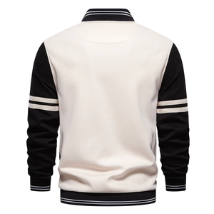 Back view of classic color-block baseball jacket with cream body and black sleeves
