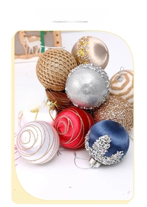 Close-up of 8cm decorative Christmas balls with silk wrap and glitter textures