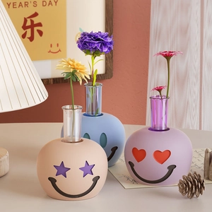 Jarrones creativos con caras sonrientes y tubos de ensayo para arreglos de flores de mesa